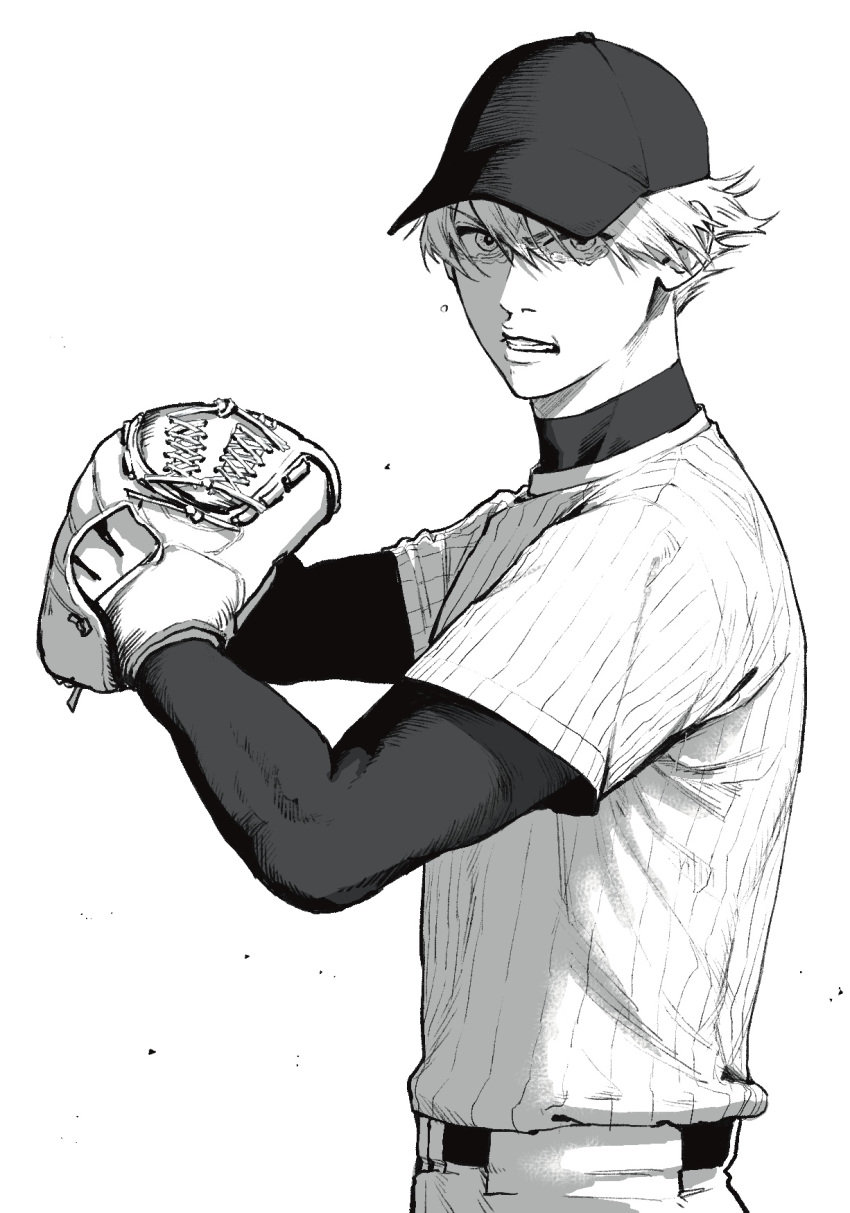 1boy, ayasegawa_jirou, baseball_cap, baseball_jersey, baseball_mitt, baseball_uniform, clenched_teeth, diamond_no_kouzai