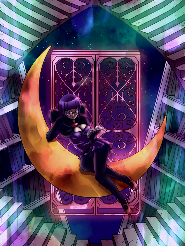 blunt_bangs, bob_cut, book, bookshelf, breasts, cleavage, crescent_moon, dress, elbow_gloves, glasses, gloves, holding, holding_book, library, mary_janes, moon, pantyhose, pokemon, pokemon_(game), pokemon_black_and_white, pokemon_bw, purple_eyes, purple_hair, reading, reclining, shikimi_(pokemon), shoes, short_hair, smile, solo, stairs, teijin, violet_eyes