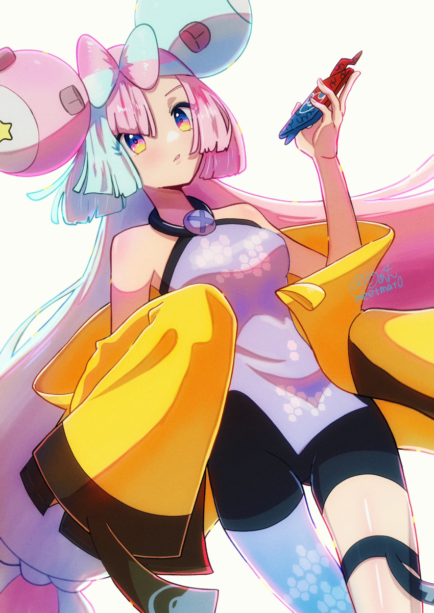 1girl, bare_arms, blue_hair, bow-shaped_hair, breasts, character_hair_ornament, fake_hair_bun, grey_pantyhose