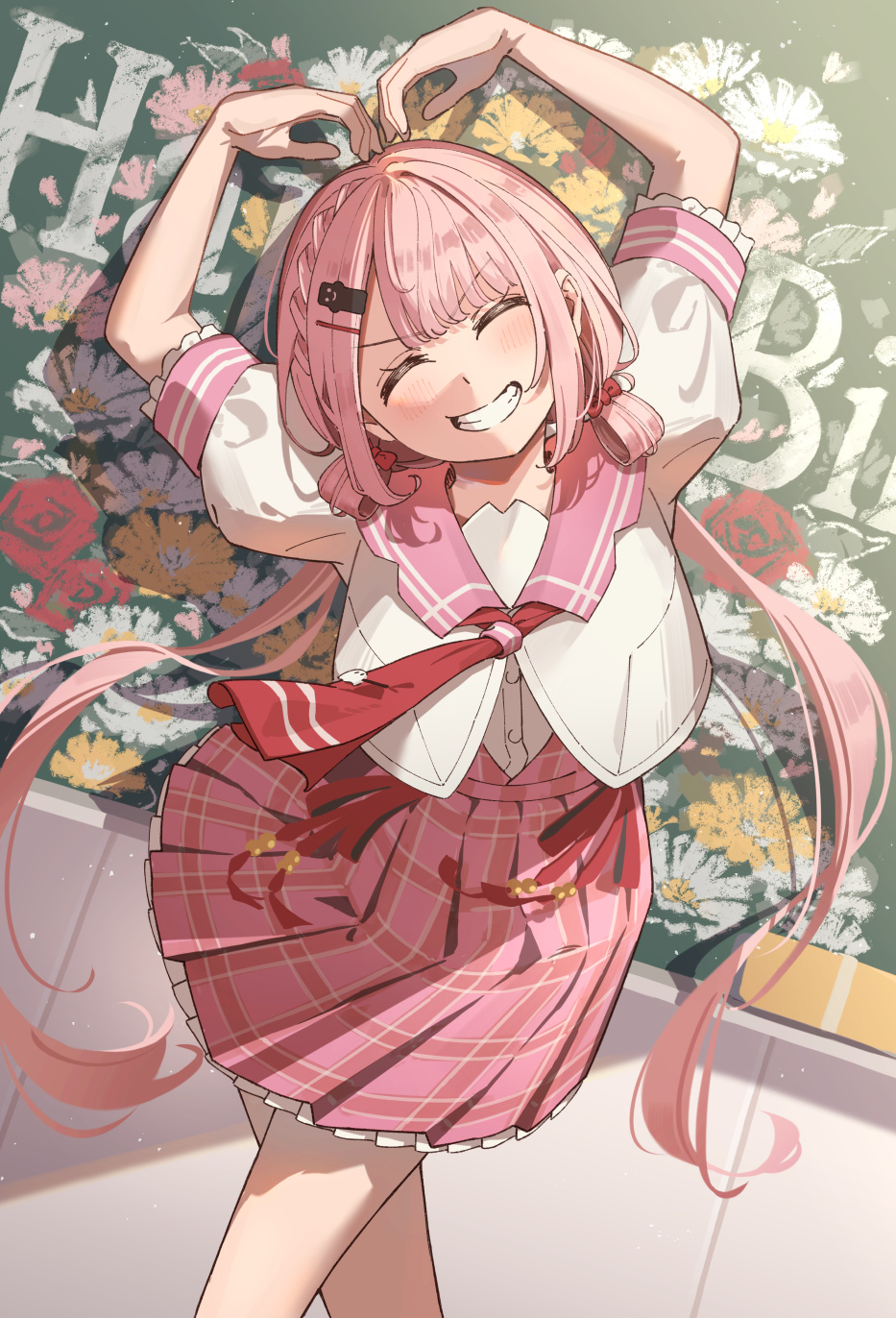 1girl, arms_up, blush, bow, chalkboard, closed_eyes, facing_viewer, grin
