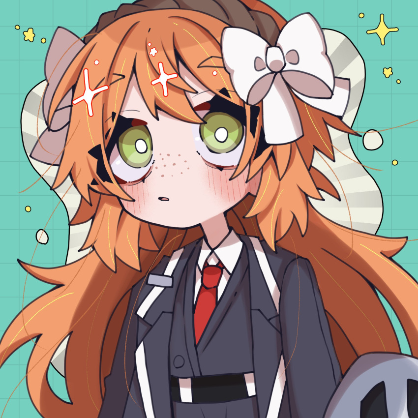 1444tmt, 1girl, aqua_background, blush, bow, collared_shirt, freckles, green_eyes, grey_jacket, grey_vest, hair_bow, highres, ishmael_(project_moon), jacket, lapels, limbus_company, long_hair, looking_at_viewer, necktie, open_clothes, open_jacket, orange_hair, project_moon, red_necktie, shirt, solo, sparkle, vest, white_bow, white_shirt