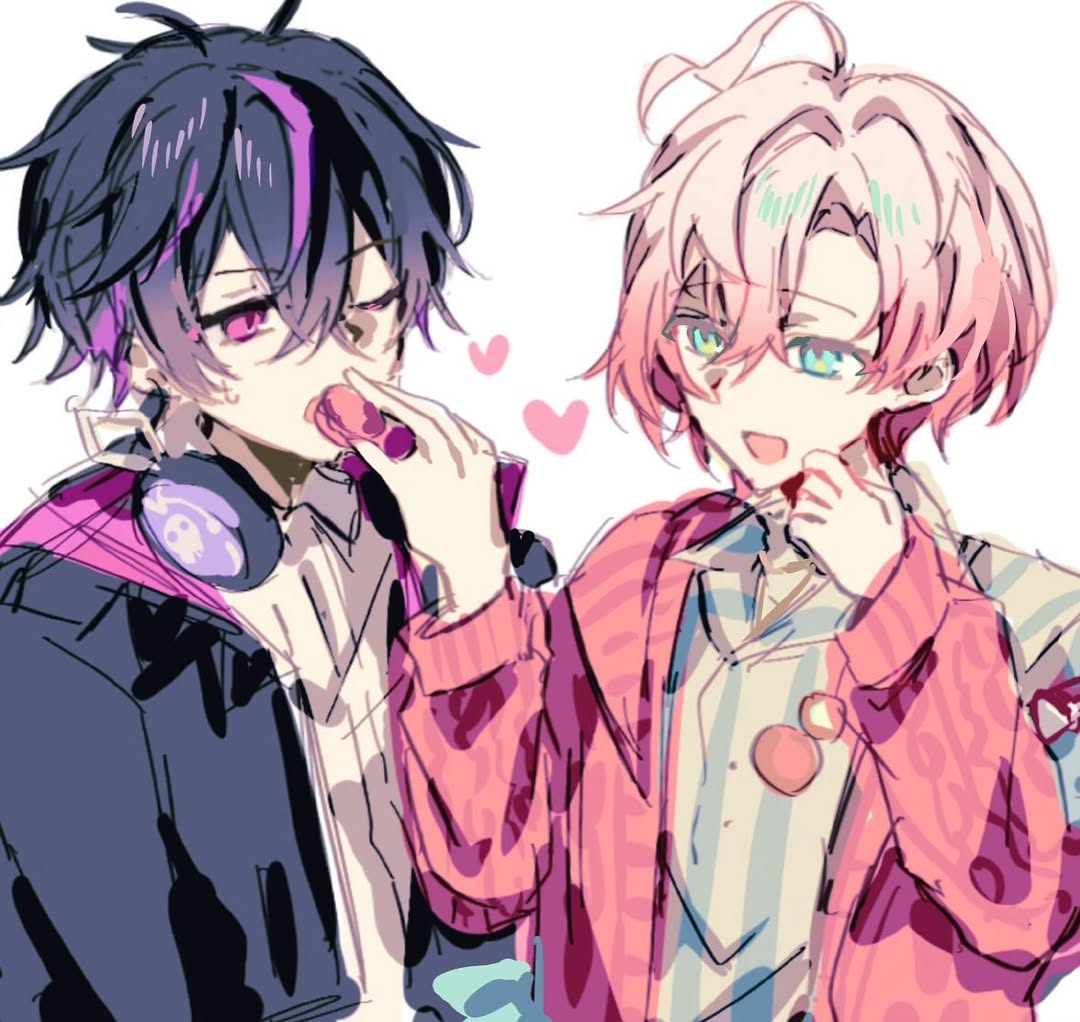 2boys, :d, ahoge, aqua_eyes, arms_at_sides, black_hair, black_jacket, blue_stripes