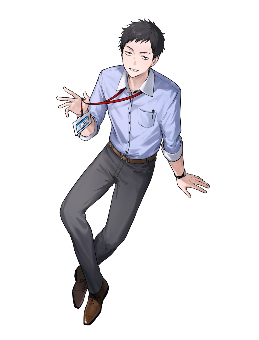 1boy, absurdres, belt, belt_buckle, black_eyes, black_hair, black_pants, blue_shirt, brown_belt, brown_shorts, buckle, collared_shirt, commentary_request, crossed_ankles, from_above, highres, holding_lanyard, invisible_chair, lanyard, looking_at_viewer, male_focus, nijisanji, pants, parted_lips, shirt, shirt_tucked_in, short_hair, shorts, simple_background, sitting, solo, tone_haruma, transparent_background, watch, watch, yashiro_kizuku, yashiro_kizuku_(1st_costume)