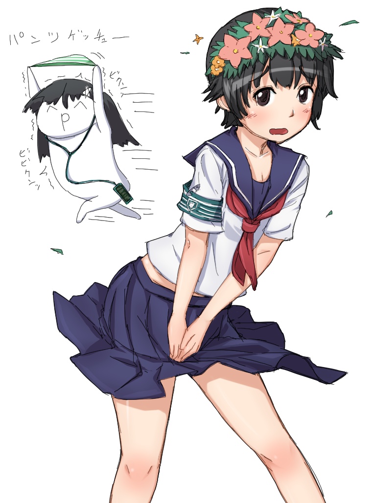 ^p^, armband, between_legs, black_hair, blush, brown_eyes, chibi, clothes_thief