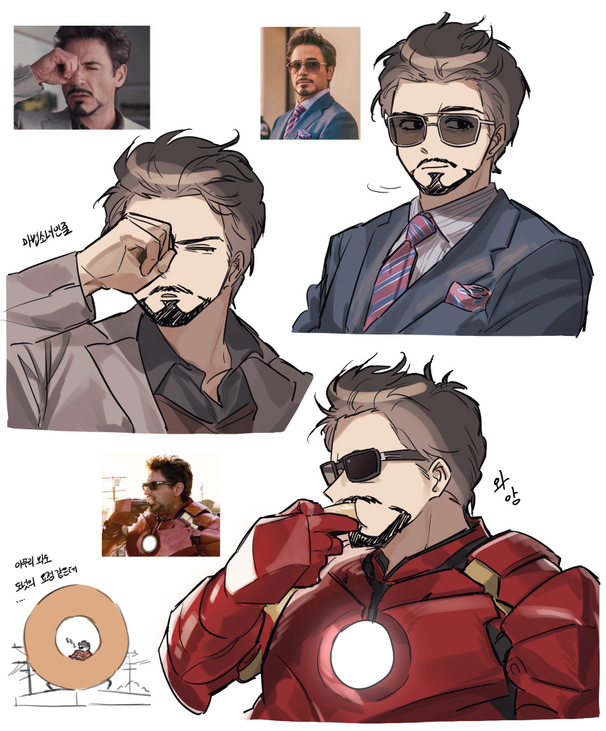 1boy, absurdres, animification, arc_reactor, armor, black-framed_eyewear, black_eyes, black_jacket