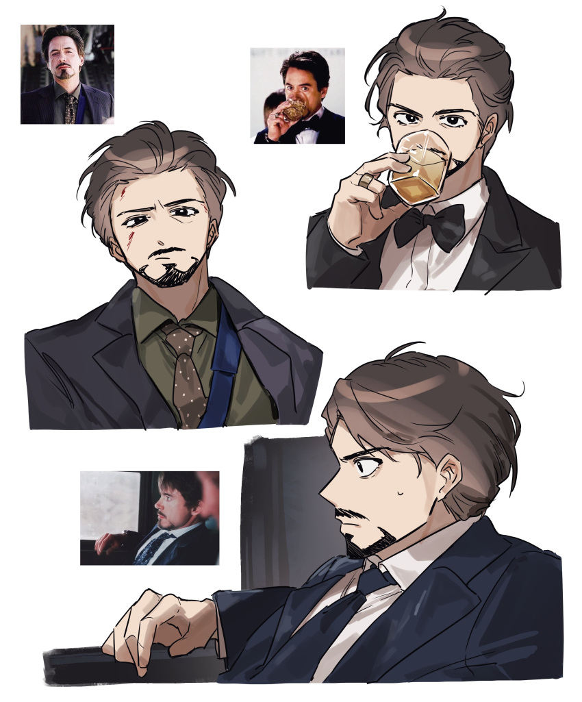 1boy, absurdres, alcohol, animification, black_bow, black_bowtie, black_eyes, black_jacket