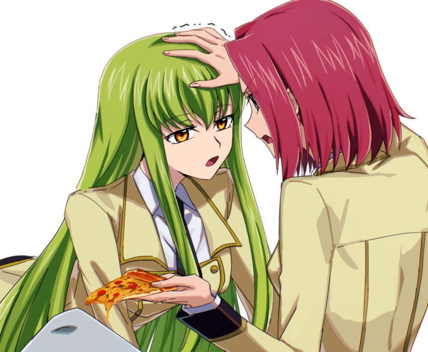 2girls, aoki_shizumi, blue_eyes, c.c., code_geass, food, green_hair, hand_on_another's_head