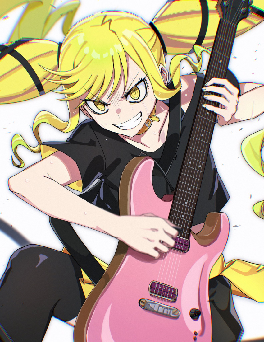 1girl, aoki_shizumi, belt_collar, black_shirt, black_socks, black_thighhighs, blonde_hair, clenched_teeth
