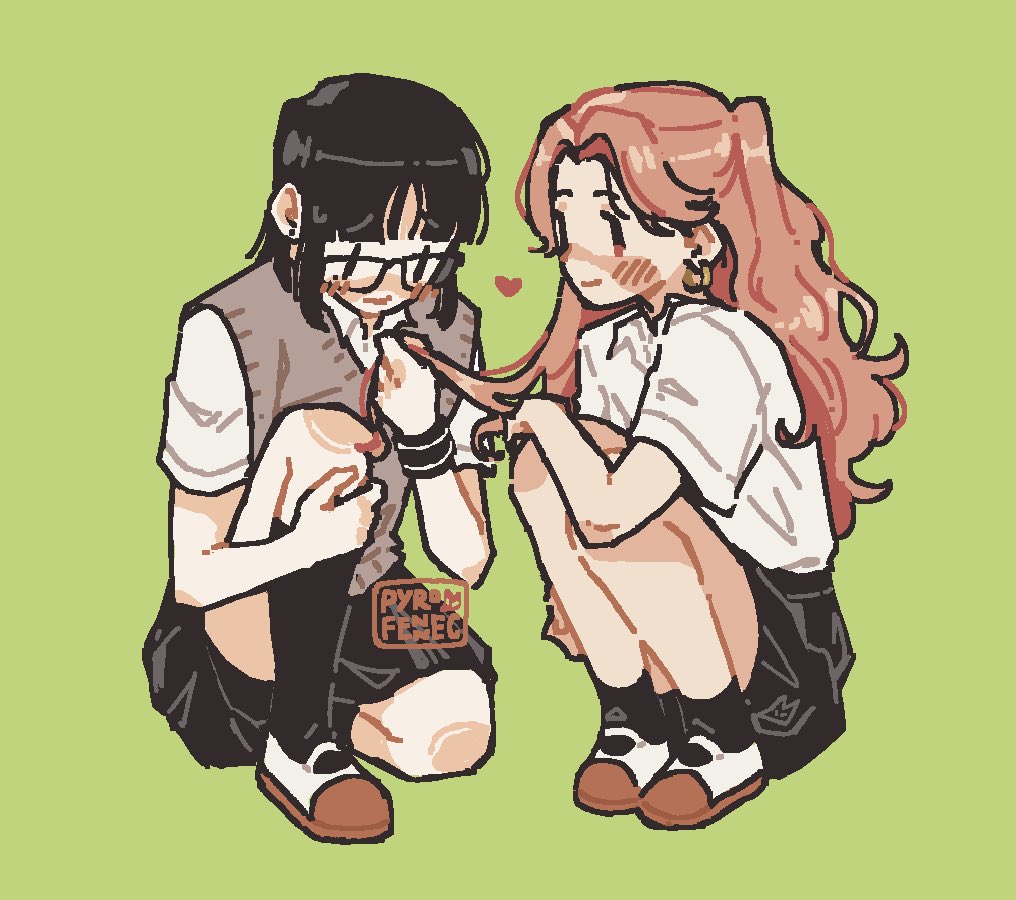 2girls, aki_lin, artist_name, black_eyes, black_hair, black_skirt, black_socks, blunt_bangs