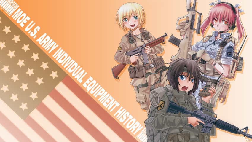 aoki_(miharuu), assault_rifle, bad_id, belt, blonde_hair, brown_hair, bullpup, colt_commando