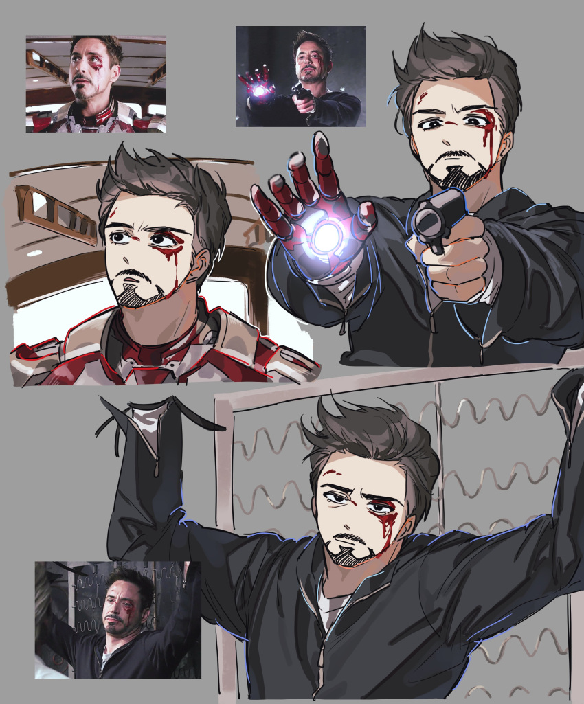 1boy, absurdres, animification, armor, arms_up, black_eyes, black_jacket, blood