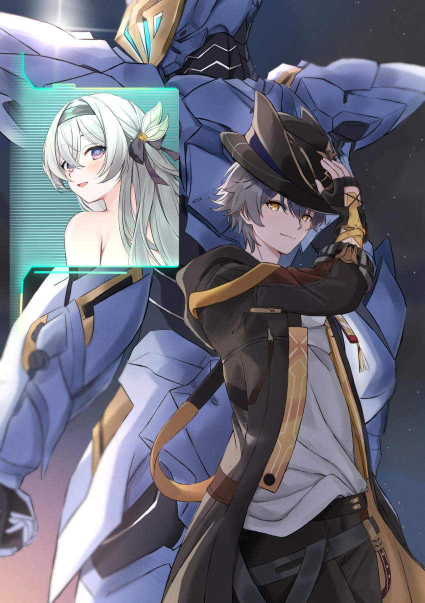 1boy, 1girl, absurdres, armor, armored_gloves, black_coat, black_gloves, black_hat