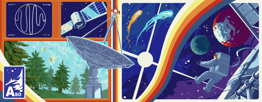 absurdres, astronaut, blue_sky, bug, butterfly, clouds, cloudy_sky, grass