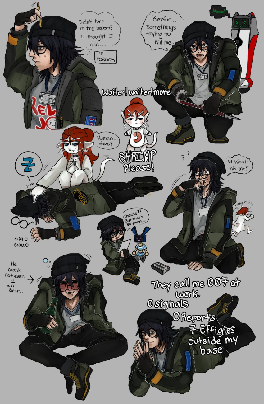 >_<, 1boy, alien, animal_ears, argemia_(voices_of_the_void), ariral, beanie, beer_bottle