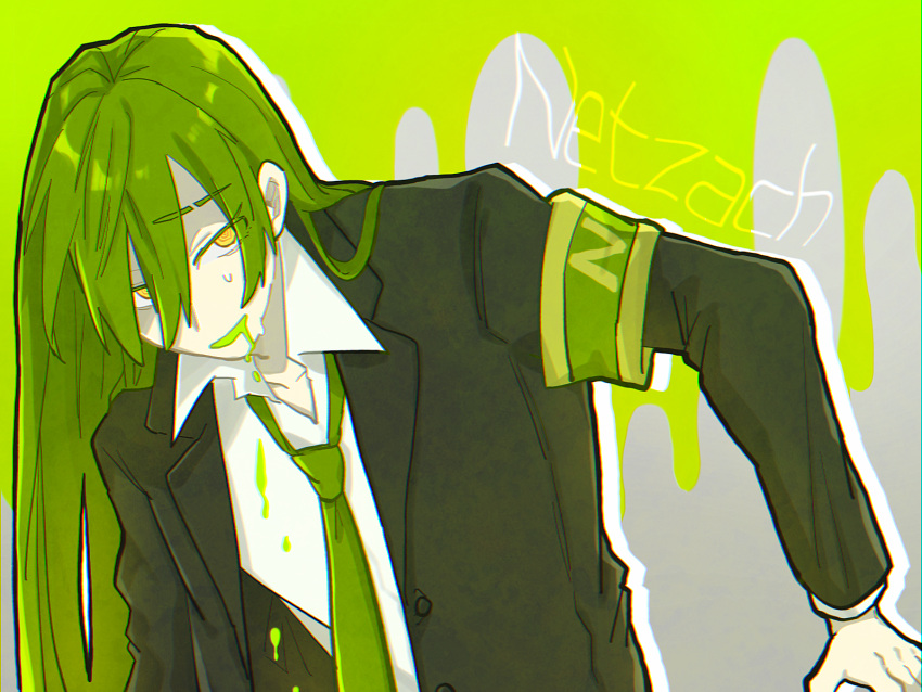 1boy, ambiguous_green_liquid, armband, black_jacket, character_name, collared_shirt, drooling, enkephalin_(project_moon)