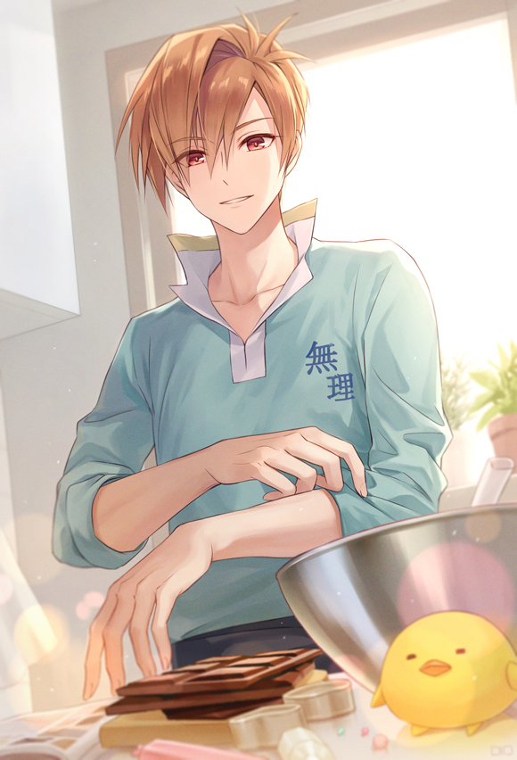 1boy, bird, blue_shirt, brown_hair, chocolate, day, indoors, lens_flare, male_focus, mixing_bowl, otometeki_koi_kakumei_love_revo!!, plant, potted_plant, red_eyes, sakuragawa_takashi, shirt, short_hair, sleeves_rolled_up, sweetmint