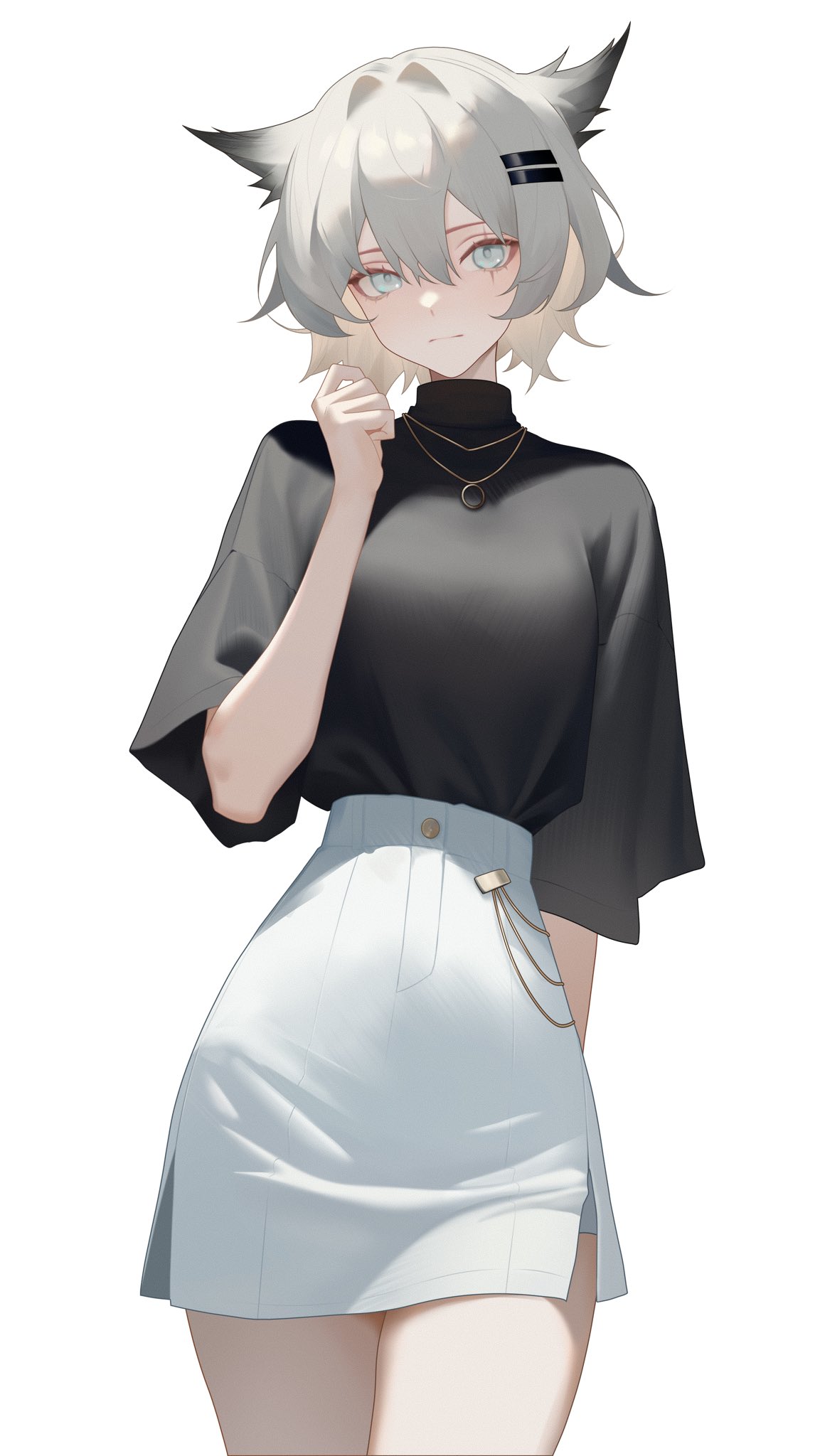 1girl, alternate_costume, alternate_hair_length, alternate_hairstyle, animal_ears, arasaka_inu, arknights, black_shirt