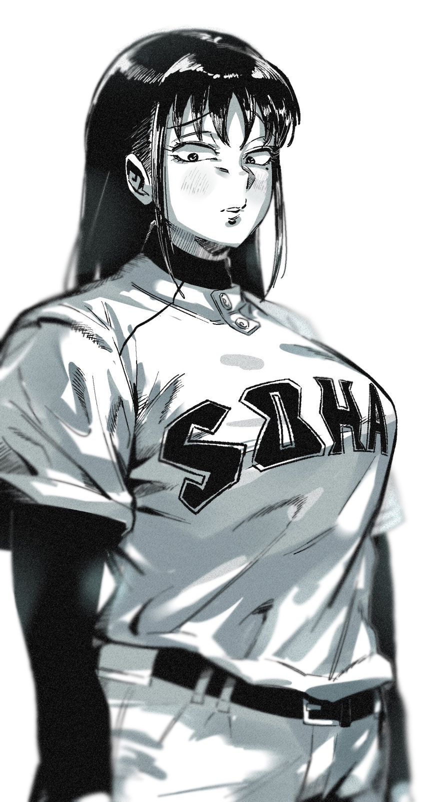 1girl, absurdres, agawa_sensei_(strikeout_pitch), baseball_jersey, baseball_uniform, belt, blush, breasts