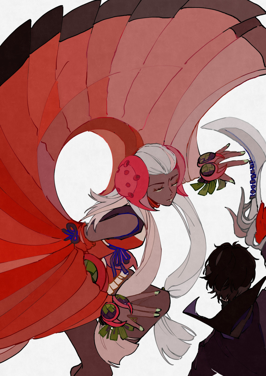 1boy, 1girl, absurdres, arm_up, black_coat, black_hair, black_skin, closed_eyes