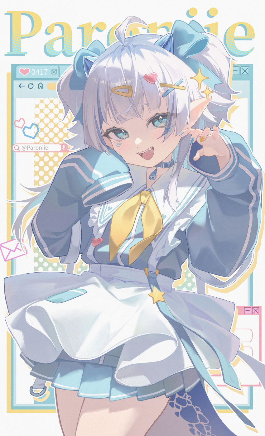 1girl, :d, absurdres, aged_down, ahoge, apron, blue_eyes, blue_hair