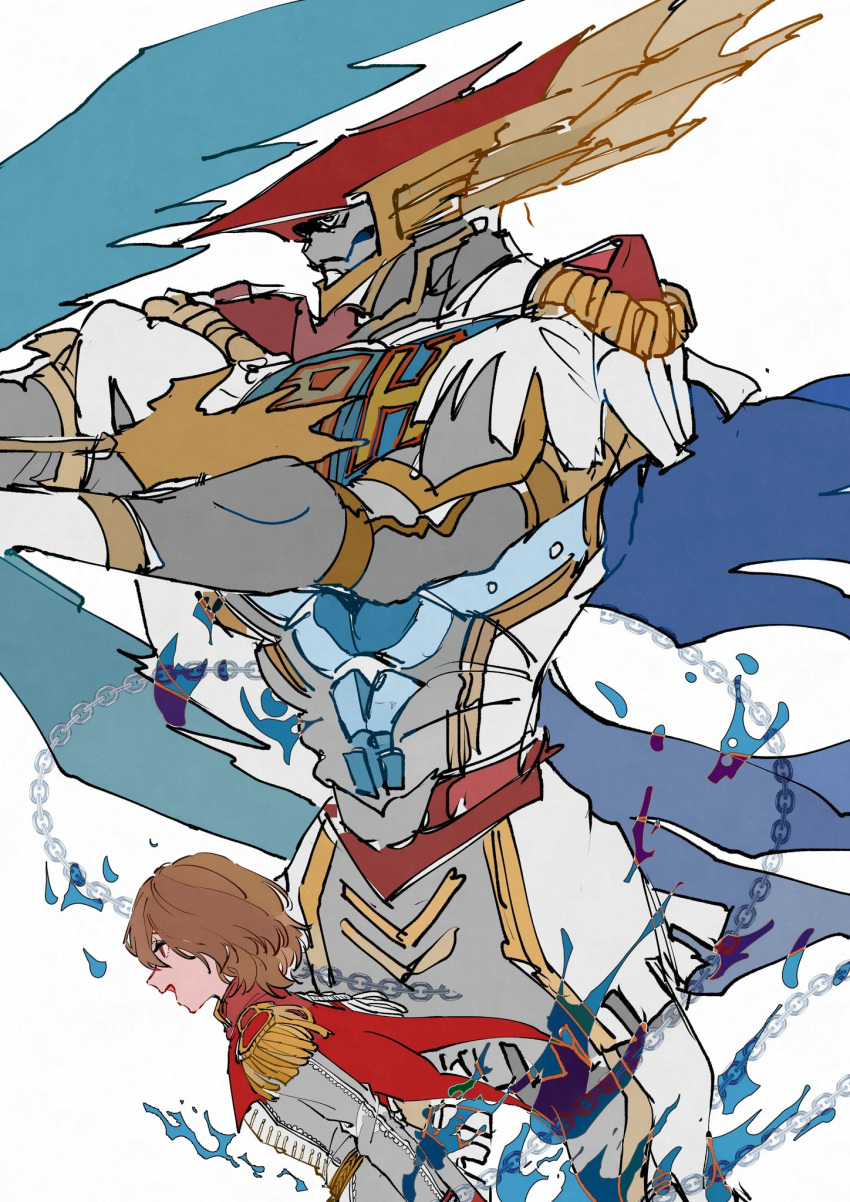 2boys, akechi_gorou, blue_fire, brown_hair, capelet, chain, epaulettes, fire