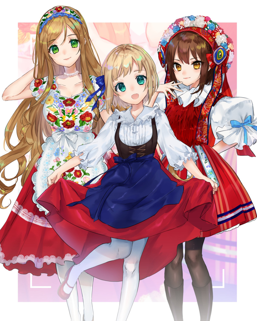 3girls, absurdres, axis_powers_hetalia, blonde_hair, brown_hair, clothes_lift, collarbone, czech_clothes