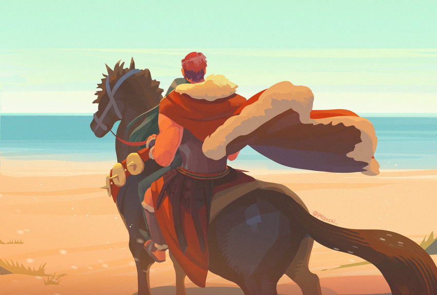 1boy, artist_name, beach, blue_sky, bucephalus_(fate), cape, english_commentary, fate_(series)