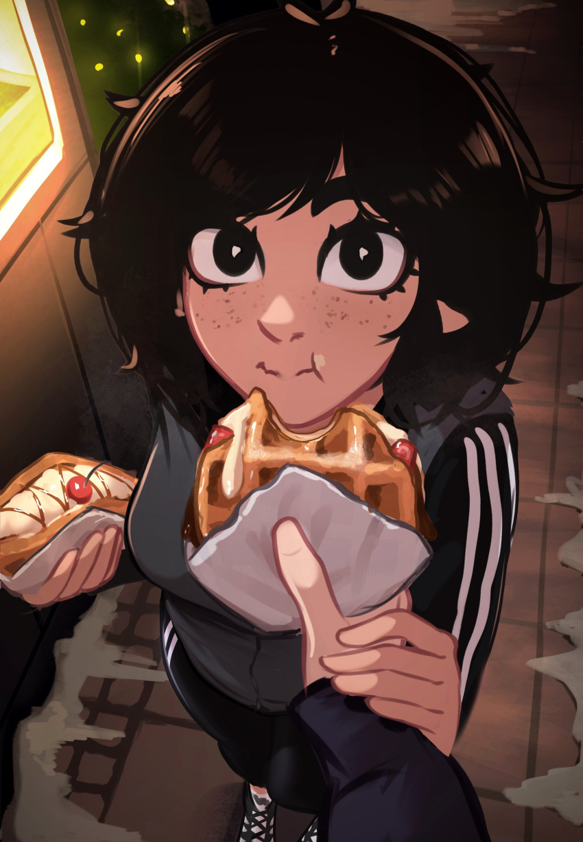 1girl, :t, absurdres, adidas, black_eyes, black_hair, chewing, eating, food, food_in_mouth, freckles, from_above, highres, holding, holding_another's_wrist, holding_food, looking_at_viewer, messy_hair, original, outdoors, pov, pov_hands, snow, solo, veyonis, waffle, yuna_(veyonis)