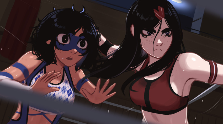 2girls, absurdres, annoyed, black_eyes, black_hair, blue_eyes, body_freckles, breasts, eye_mask, freckles, grabbing_another's_hair, hair_ornament, hairclip, highres, kadence_(veyonis), long_hair, multiple_girls, open_mouth, original, sports_bra, surprised, sweat, veyonis, wide-eyed, wrestling, wrestling_outfit, wrestling_ring, yuna_(veyonis)