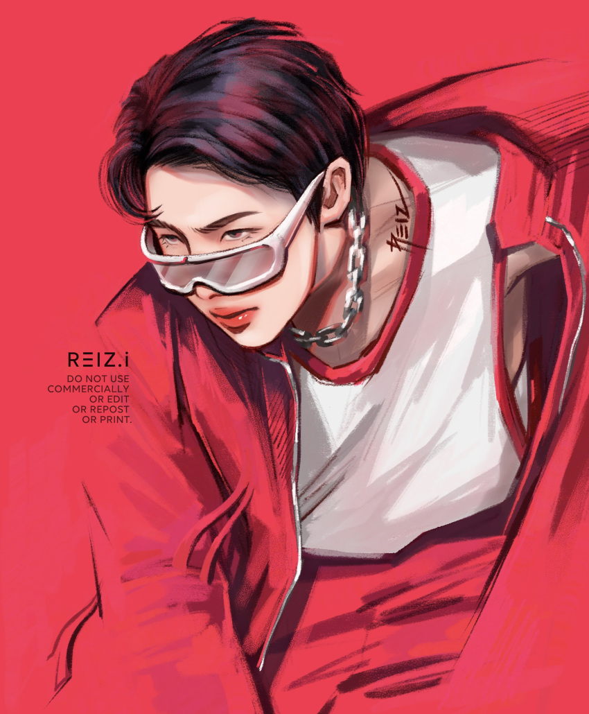 1boy, absurdres, bangtan_boys, chain, closed_mouth, hashtag-only_commentary, highres, j-hope, k-pop, looking_ahead, male_focus, real_life, red_background, reiz.i, short_hair, signature, simple_background, solo, sunglasses, tank_top