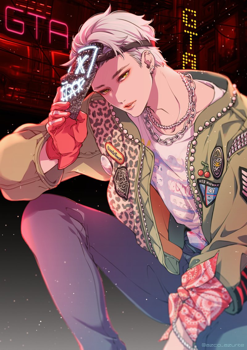 1boy, azco_azconia, bracelet, chain, commentary, denim, earrings, english_commentary