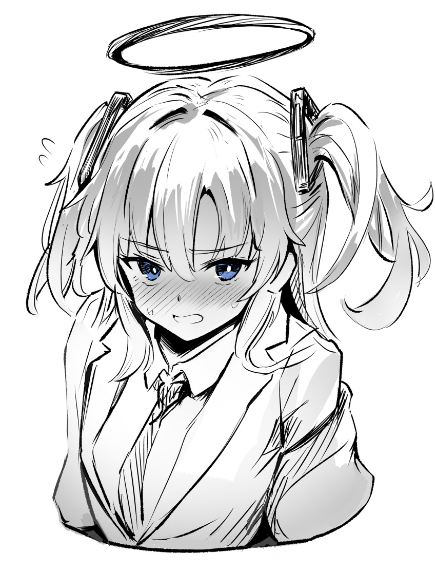 1girl, absurdres, blue_archive, blue_eyes, blush, commentary_request, greyscale, halo, highres, long_hair, looking_at_viewer, metsu_end, monochrome, necktie, solo, two_side_up, upper_body, yuuka_(blue_archive)