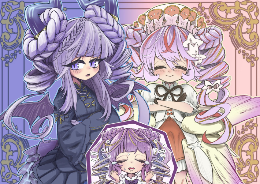 3girls, angel, angel_wings, angello_vaalmonica, black_dress, black_gloves, blunt_bangs, blush