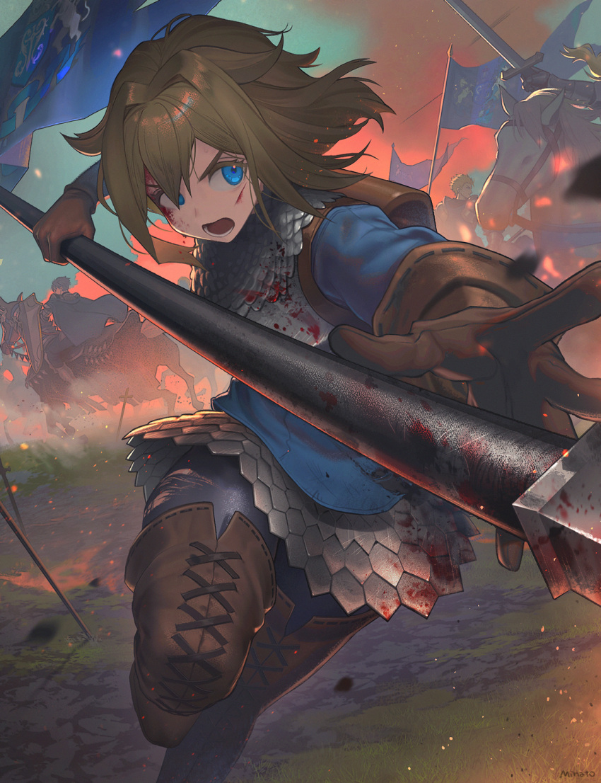 1boy, 1girl, 2boys, alain_(unicorn_overlord), armor, artist_name, battle, blood, blood_on_clothes, blood_on_face, blood_on_weapon, blood_splatter, blue_eyes, blue_flag, boots, breastplate, brown_boots, brown_gloves, brown_hair, chainmail, chloe_(unicorn_overlord), commentary_request, flag, gloves, grey_leggings, hair_between_eyes, highres, holding, holding_polearm, holding_sword, holding_weapon, horse, injury, leggings, long_hair, looking_at_viewer, lower_teeth_only, minato_(getto_m), multiple_boys, open_mouth, polearm, riding, running, scale_armor, short_hair, solo_focus, sword, teeth, thigh_boots, unicorn_overlord, weapon, white_horse