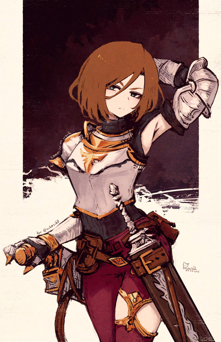 1girl, absurdres, arm_behind_head, armor, armpits, black_knight_(granblue_fantasy), black_undershirt, breastplate, brown_hair, clothing_cutout, clothing_request, commission, commissioner_name, dated, english_commentary, gauntlets, granblue_fantasy, green_eyes, hair_between_eyes, highres, holding, holding_sword, holding_weapon, knee_up, leg_cutout, looking_at_viewer, medium_hair, pants, red_pants, rnna, scabbard, sheath, signature, solo, squinting, sword, weapon