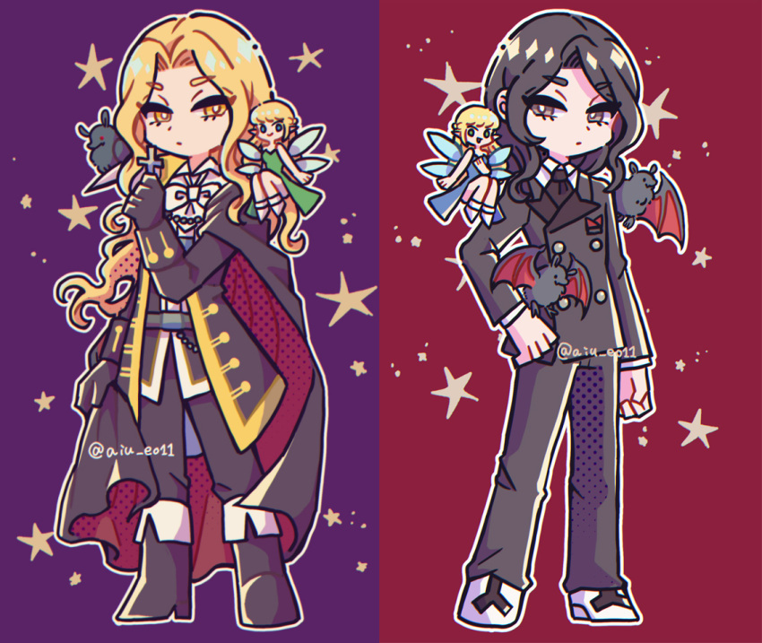 2boys, 2girls, alucard_(castlevania), arikado_genya, bat_(animal), black_boots, black_capelet, black_eyes
