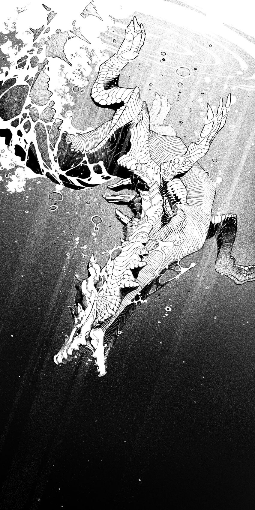 absurdres, bubble, claws, dragon, dragon_claw, dragon_horns, dragon_tail, dragon_wings, fantasy, greyscale, highres, horns, kushiro_yuu, monochrome, no_humans, open_mouth, original, scales, solo, submerged, tail, underwater, western_dragon, wings
