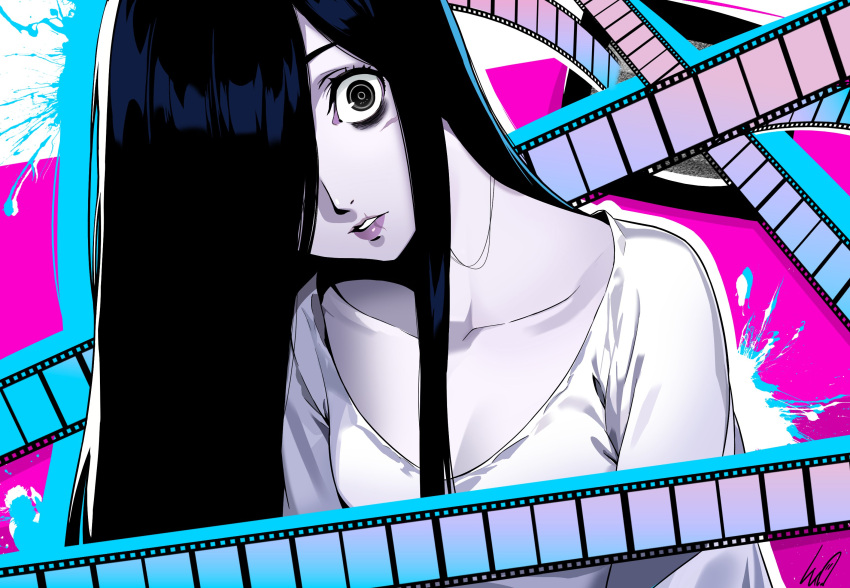 1girl, black_eyes, black_hair, blue_background, colored_skin, commentary, english_commentary, film_strip