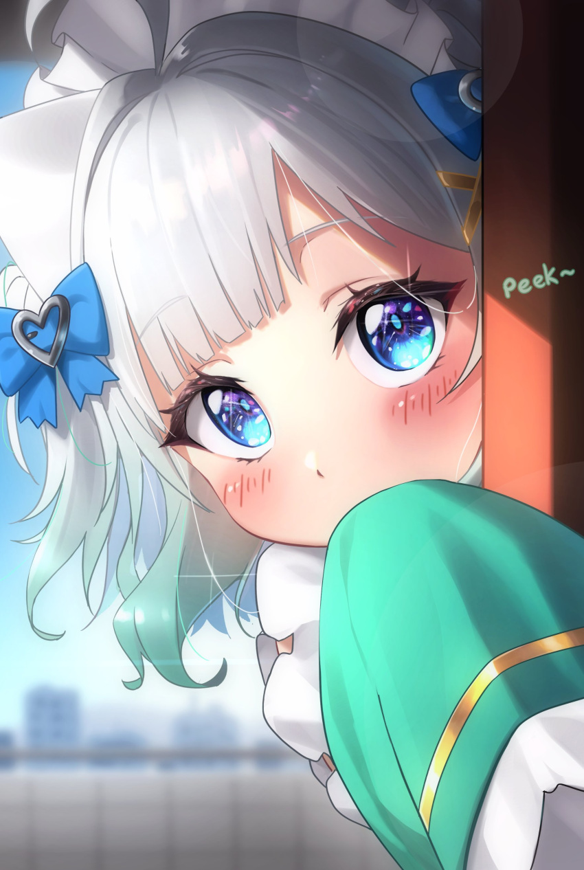 1girl, absurdres, ahoge, blue_bow, blue_eyes, blunt_bangs, blurry, blurry_background