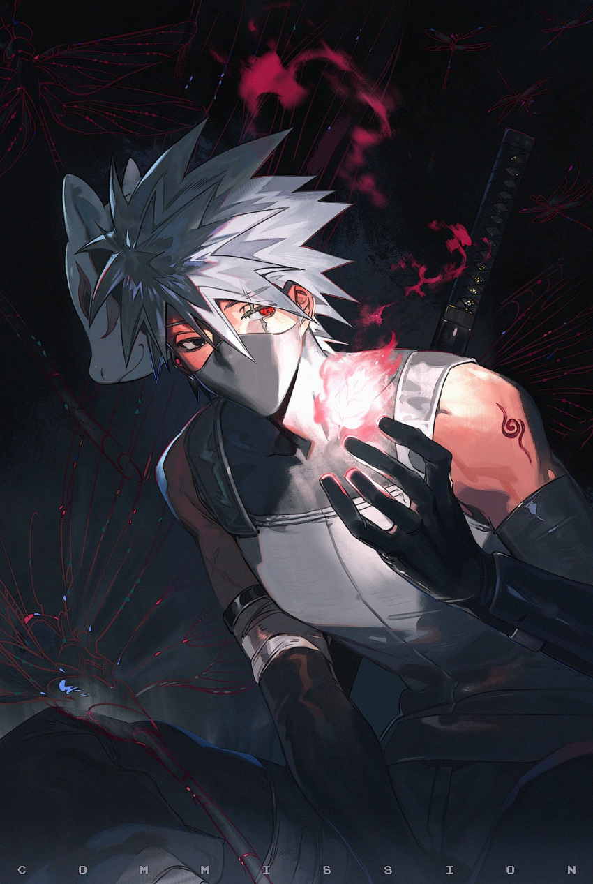 1boy, black_gloves, bug, commission, dragonfly, english_commentary, gloves, grey_hair
