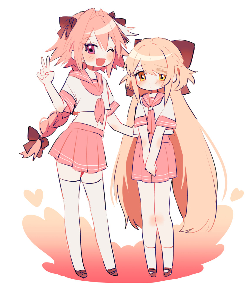 1boy, 1girl, absurdres, astolfo_(fate), astolfo_(fate)_(cosplay), astolfo_(sailor_paladin)_(fate), astolfo_(sailor_paladin)_(fate)_(cosplay), blonde_hair, bow, braid, cosplay, couple, fate/grand_order, fate_(series), hair_bow, hand_on_another's_hip, hetero, highres, koyashaka, liss_meier_(koyashaka), long_hair, oc_x_canon, one_eye_closed, pink_hair, skirt, v