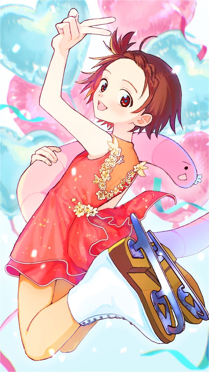 1girl, balloon, braid, braided_bangs, brown_eyes, brown_hair, dress, figure_skating_dress