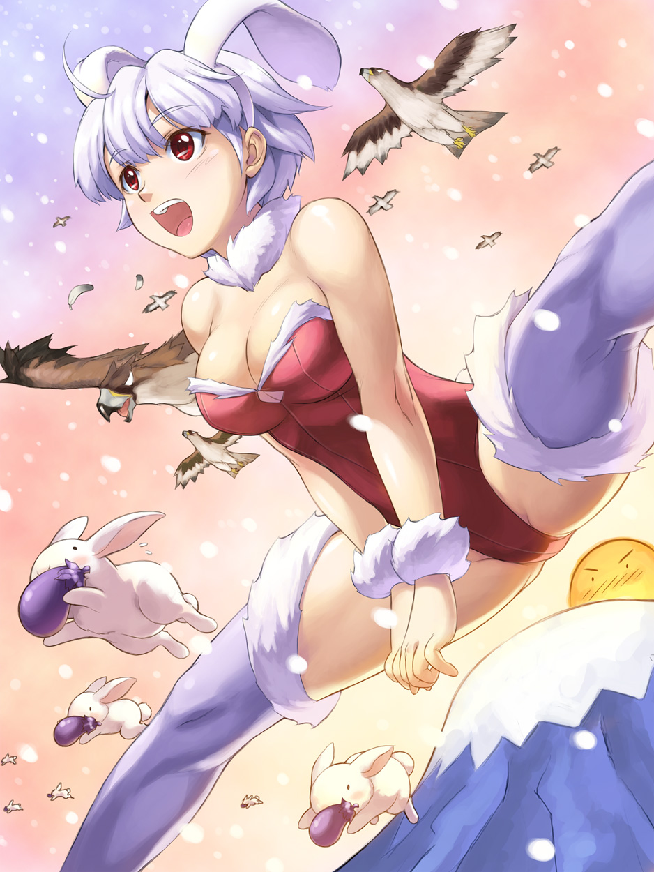 bird, blue_hair, breasts, bunny, bunny_ears, bunnysuit, cleavage, copyright_request, eggplant, feathers, fur, hatsuyume, hawk, highres, leotard, mount_fuji, mountain, new_year, open_mouth, rabbit, red_eyes, short_hair, snow, solo, split, spread_legs, sun, thigh-highs, thighhighs, uchiu_kazuma