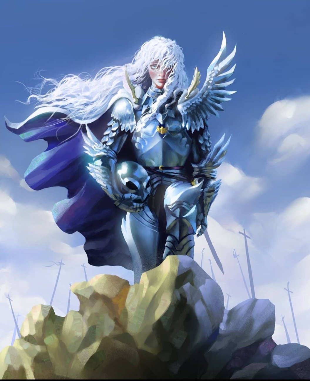 1boy, armor, berserk, bishounen, blue_eyes, breastplate, cape, clouds