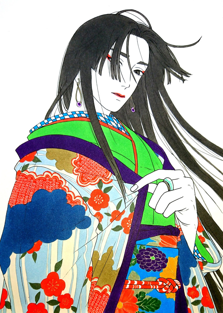 1boy, 59awakadoy, black_hair, closed_mouth, colored_skin, commentary_request, earrings, eyeliner, green_kimono, grey_eyes, haori, highres, japanese_clothes, jewelry, kimono, lipstick, long_sleeves, looking_at_viewer, makeup, male_focus, obi, obiage, obijime, original, red_eyeliner, red_lips, ring, sash, simple_background, solo, traditional_media, upper_body, white_background, white_skin