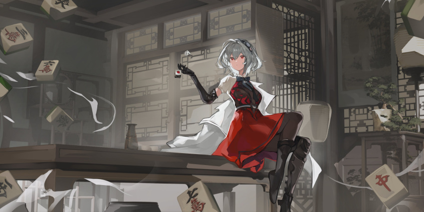 1girl, absurdres, architecture, arm_up, black_gloves, black_necktie, boots, breasts