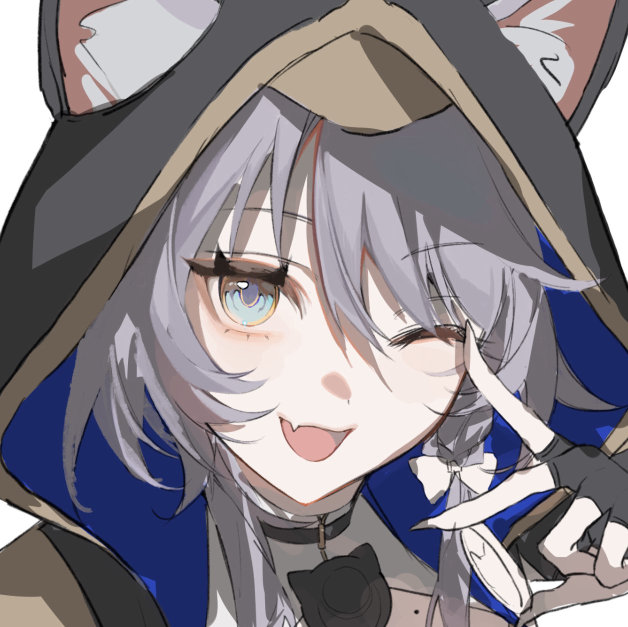 1girl, ;), animal_ear_fluff, animal_ears, animal_hood, black_gloves, blue_eyes, cat_ears, cat_hood, cipher_(honkai:_star_rail), fang, fingerless_gloves, gloves, grey_hair, highres, honkai:_star_rail, honkai_(series), hood, hyakutennniki, one_eye_closed, short_hair_with_long_locks, skin_fang, smile, solo, v, v_over_eye, white_background