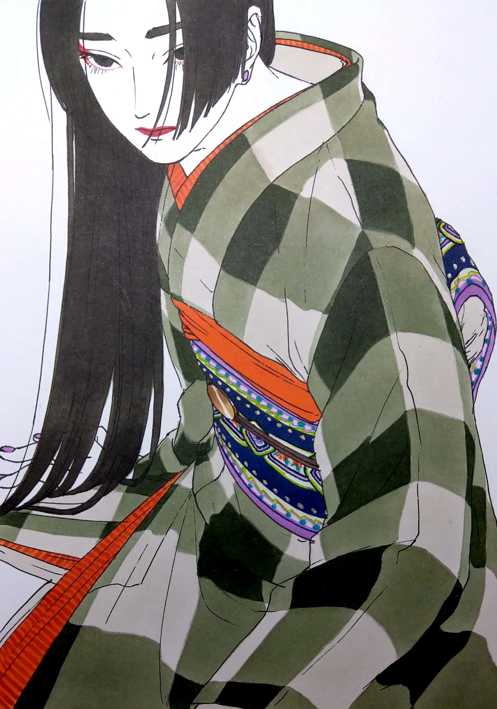 1boy, 59awakadoy, absurdres, black_hair, checkered_clothes, checkered_kimono, closed_mouth, commentary_request, earrings, eyeliner, green_kimono, grey_eyes, highres, japanese_clothes, jewelry, kimono, lipstick, long_hair, long_sleeves, makeup, male_focus, nail_polish, obi, obiage, obijime, original, purple_nails, red_eyeliner, red_lips, sash, simple_background, sitting, solo, traditional_media, white_background