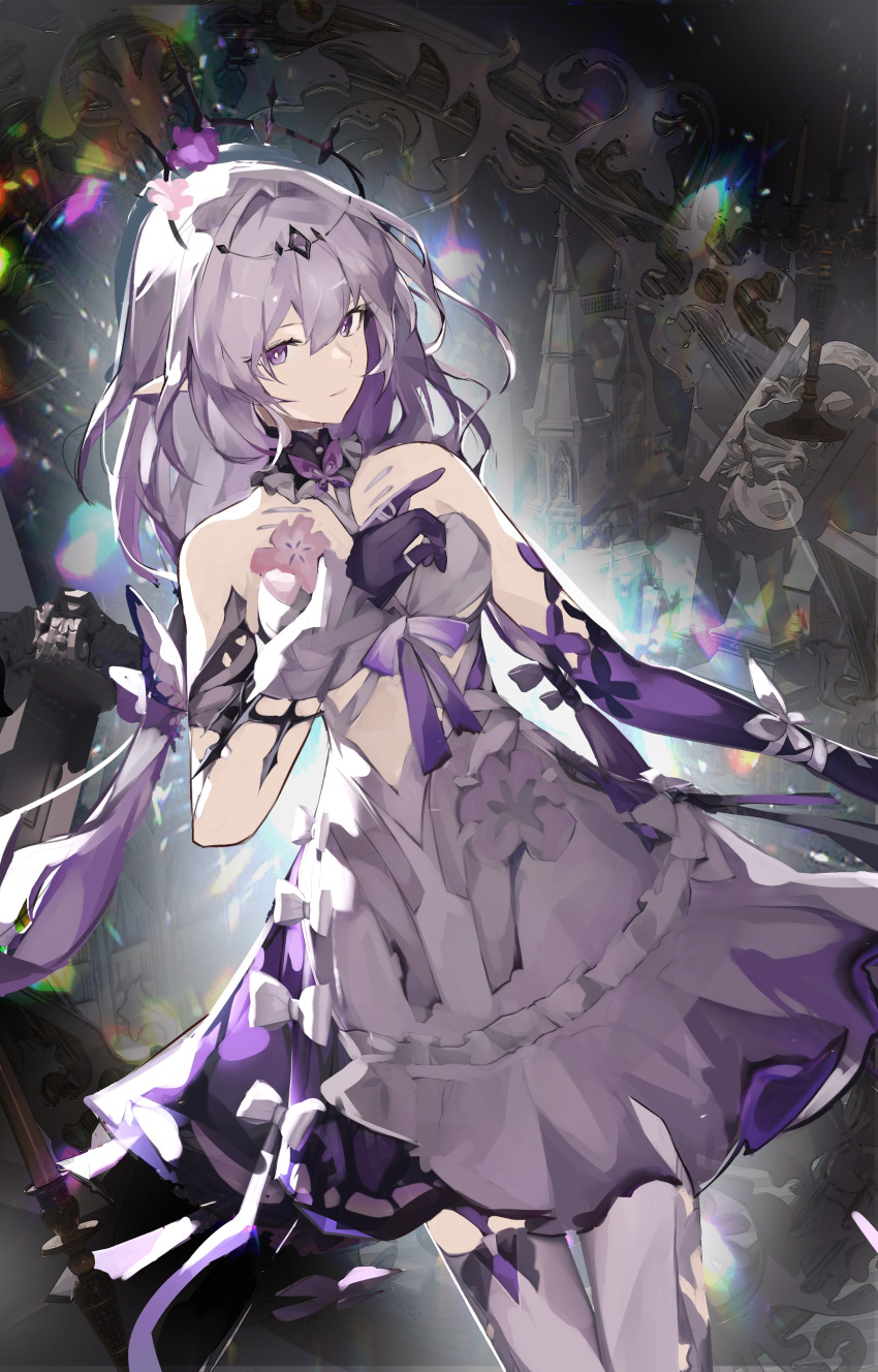 1girl, absurdres, asymmetrical_clothes, bare_shoulders, black_tiara, breasts, castorice_(honkai:_star_rail), closed_mouth
