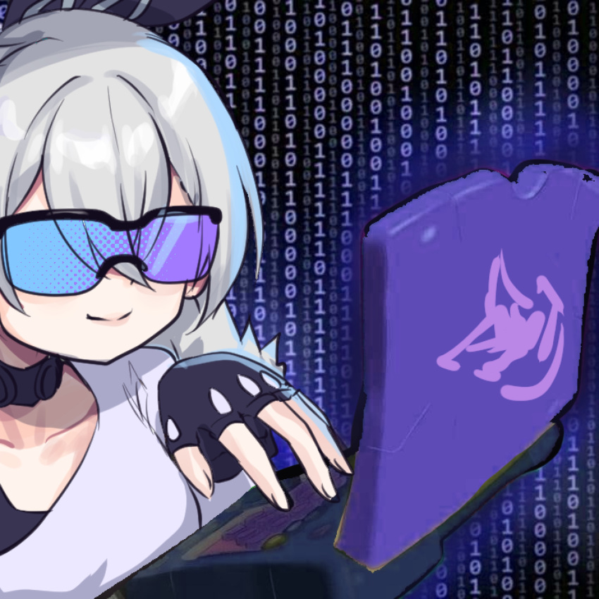 1girl, absurdres, binary, black_choker, black_gloves, black_hackerman_(meme), choker, commentary, computer, fingerless_gloves, flareza, gloves, grey_hair, highres, honkai:_star_rail, honkai_(series), laptop, meme, parody, shirt, silver_wolf_(honkai:_star_rail), smile, solo, sunglasses, upper_body, white_shirt